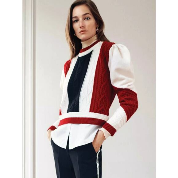 Claudie Pierlot Sweaters - CLAUDIE PIERLOT Mixity Pullover Sweater Size Medium Red Black Cream Puff Sleeves